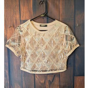 Women's Allegra K sequined short sleeve crop top size Small Glam